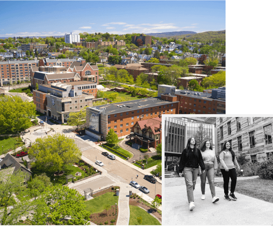 Photos of campus, downtown scranton, and students walking and talking.