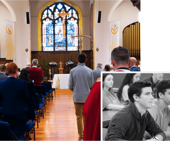 Students in church service and at class